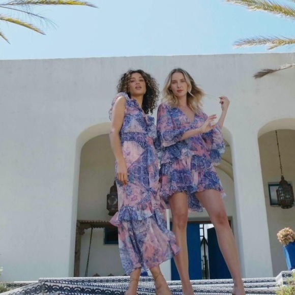 New!Misa Los Angeles Persephone Ruffle Maxi Dress Abstract Floral 🩵Medium NWT! - Picture 16 of 16